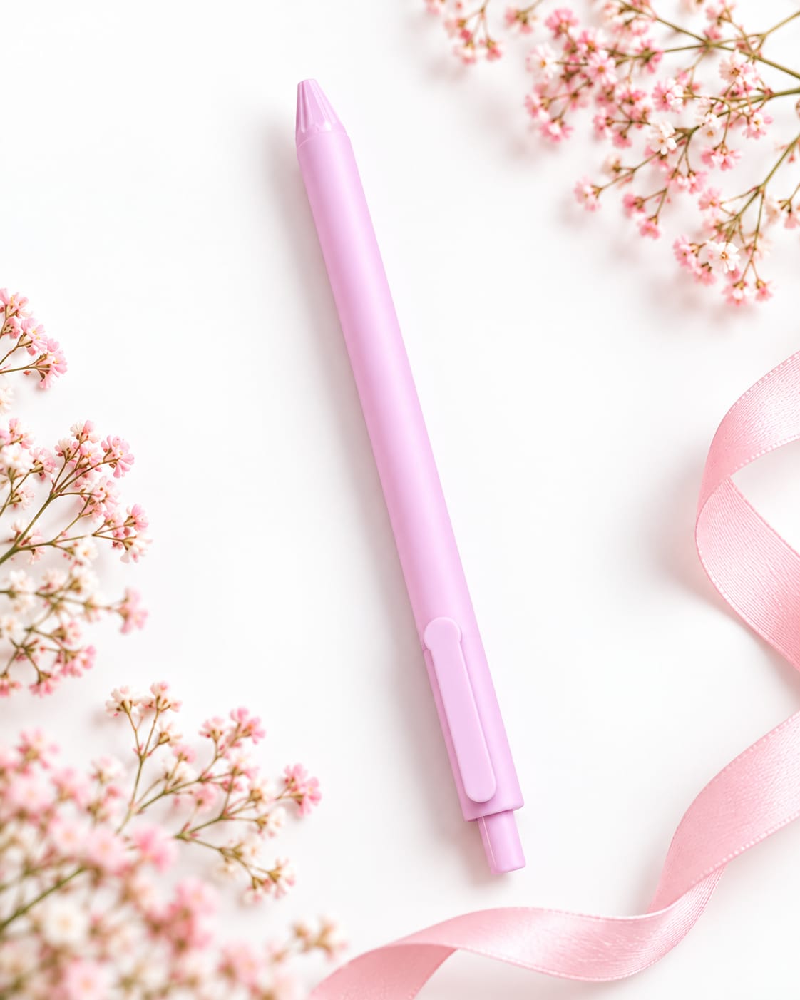 A pastel pink retractable pen placed diagonally on a white background, styled with pink baby's breath flowers and a matching pink ribbon.