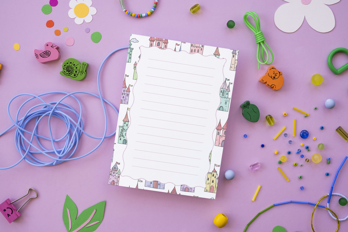 Castle notepad with fairytale towers and flags in soft pastel colours for kids and fantasy lovers