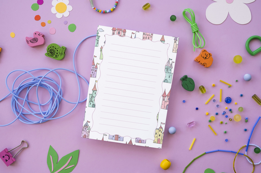 Castle notepad with fairytale towers and flags in soft pastel colours for kids and fantasy lovers