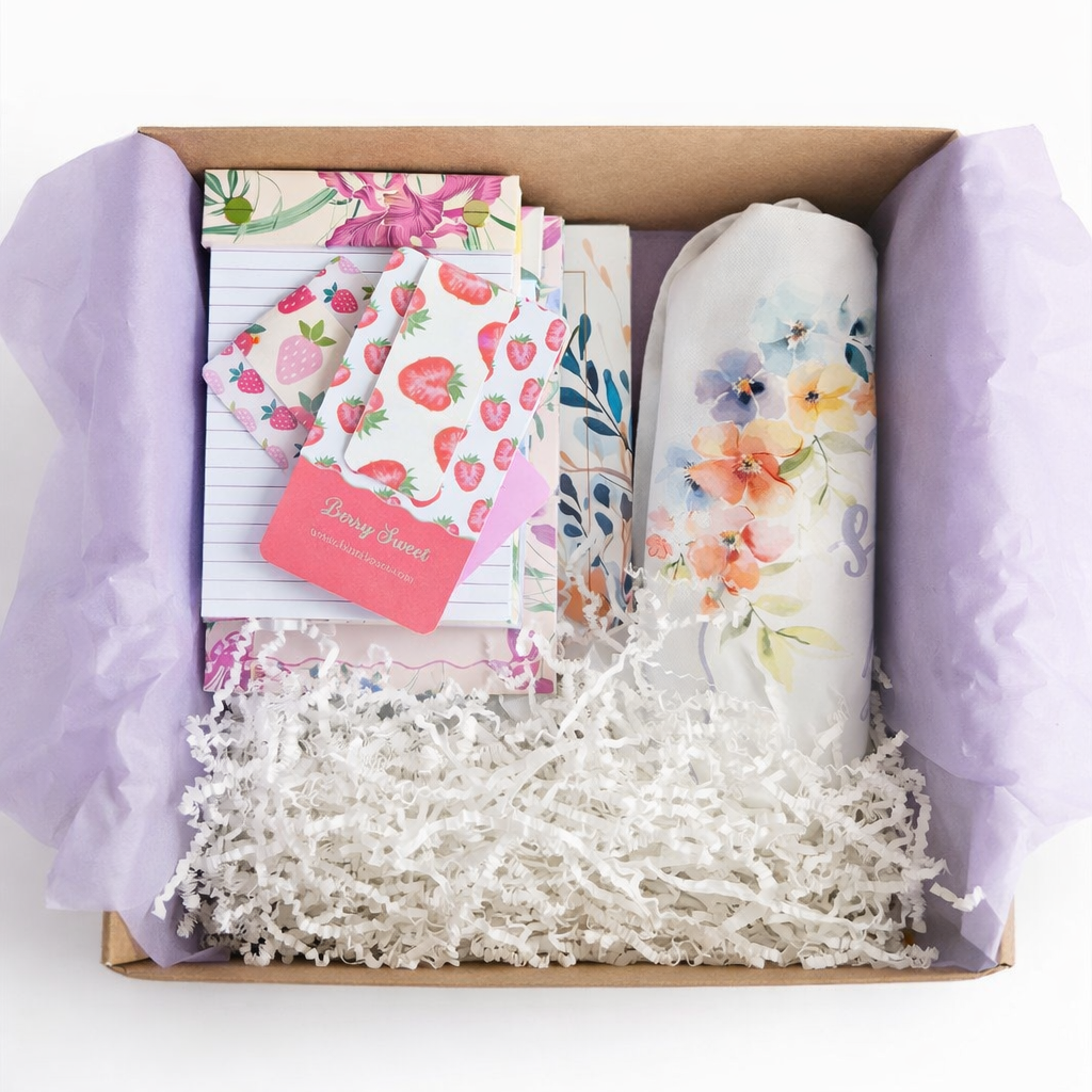 Gift box with floral-themed items including notepads, journals, magnetic  bookmarks, cards, on a white background.