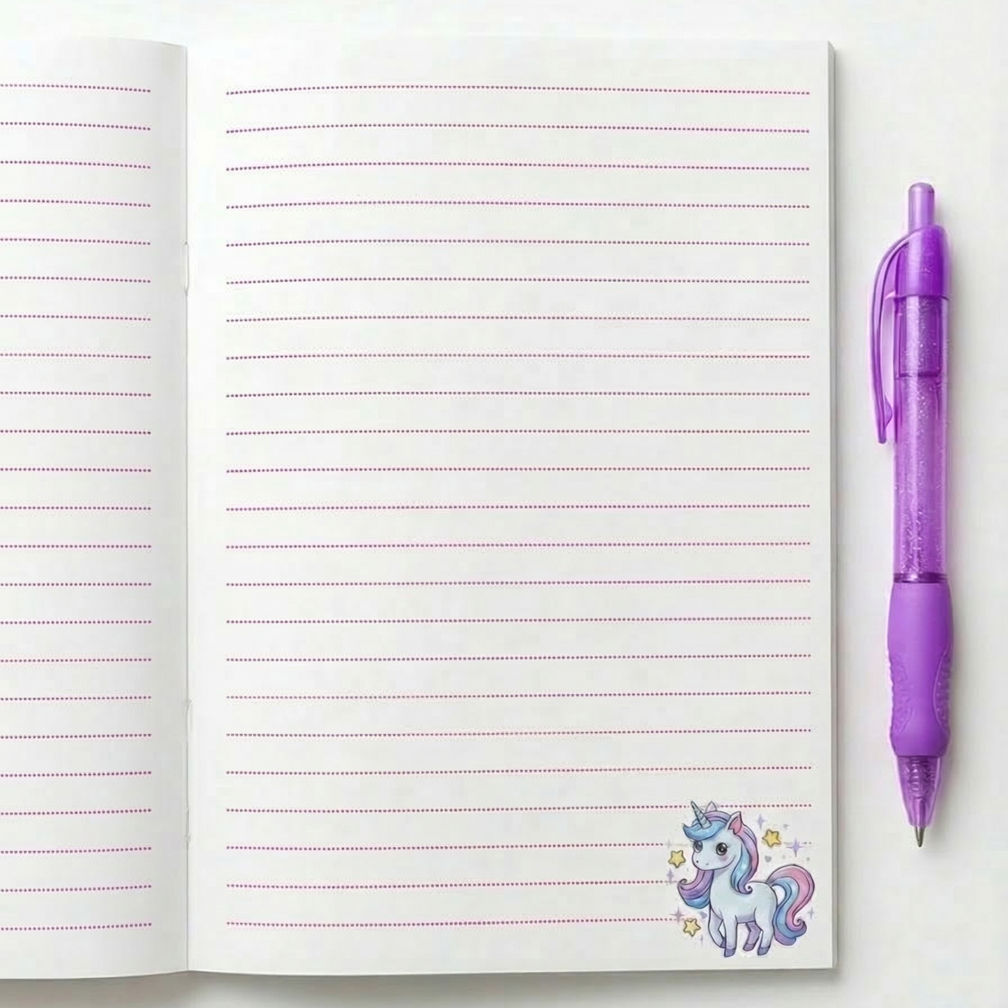 Open notebook with lined pages and a purple pen on a white background