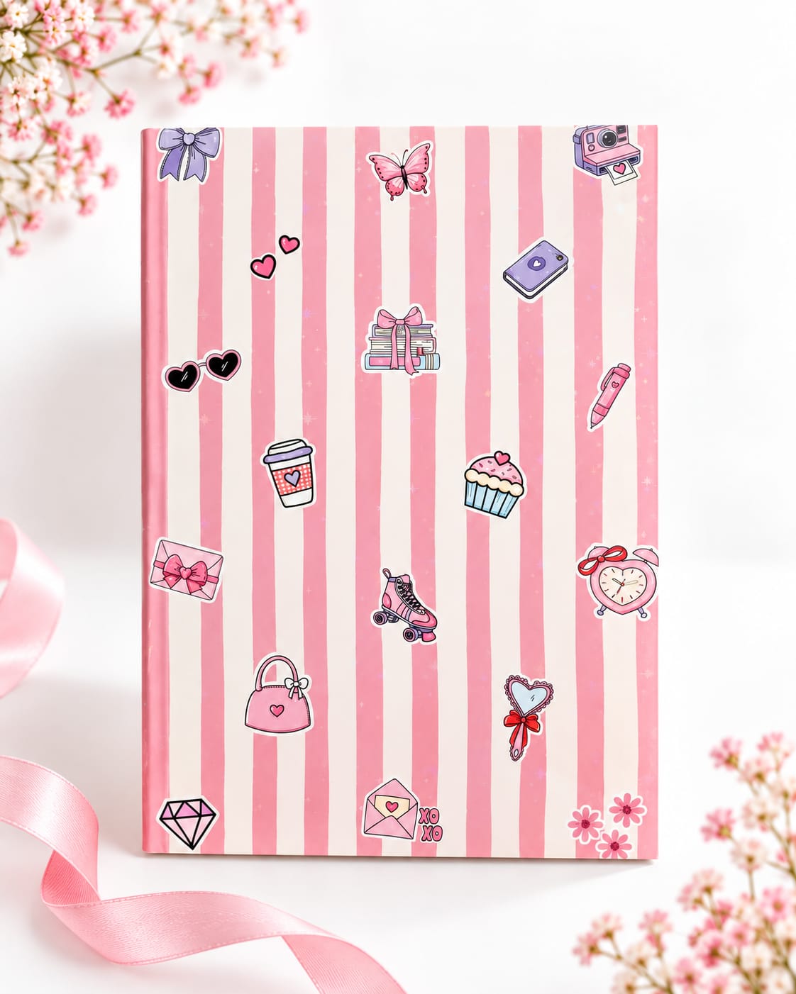 A pink and white vertically striped notebook decorated with cute cartoon stickers, styled on a white surface with pink ribbons and baby's breath flowers.
