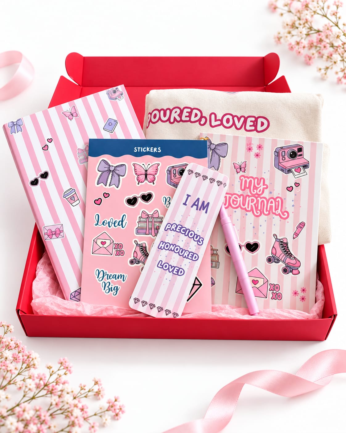A red gift box filled with stationery items, including pink striped notebooks, a sticker sheet, a canvas tote bag, and a pink pen, arranged on a white surface with pink ribbons and flowers.