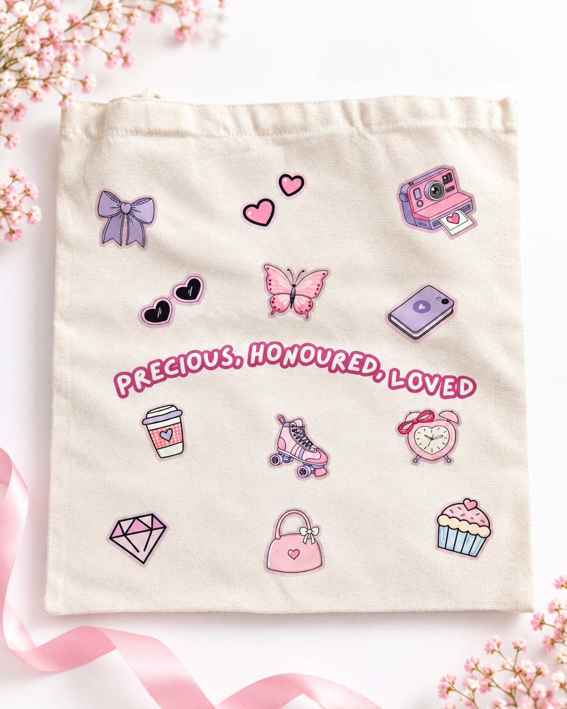 An white canvas tote bag decorated with various pink and purple  patches and the text 'PRECIOUS, HONOURLED, LOVED'. The bag is styled on a white background with pink ribbons and baby's breath flowers.