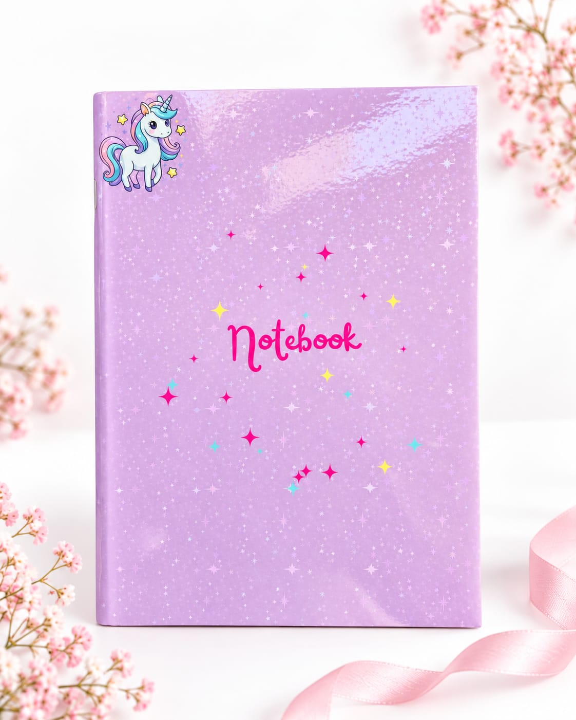 A lavender purple glitter notebook with a small unicorn illustration in the top-left corner and the word 'Notebook' in pink script in the center. The notebook is styled with pink flowers and a pink ribbon on a white background.