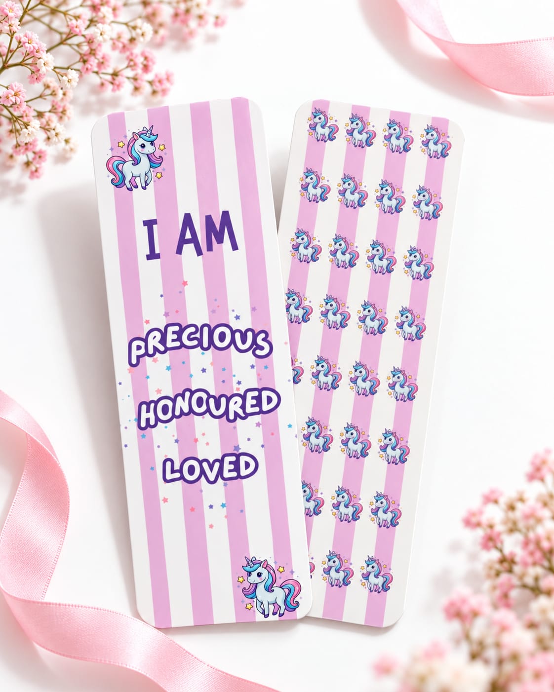 Two pink and white striped bookmarks with purple text and unicorn illustrations, styled with pink ribbons and baby's breath flowers on a white background.