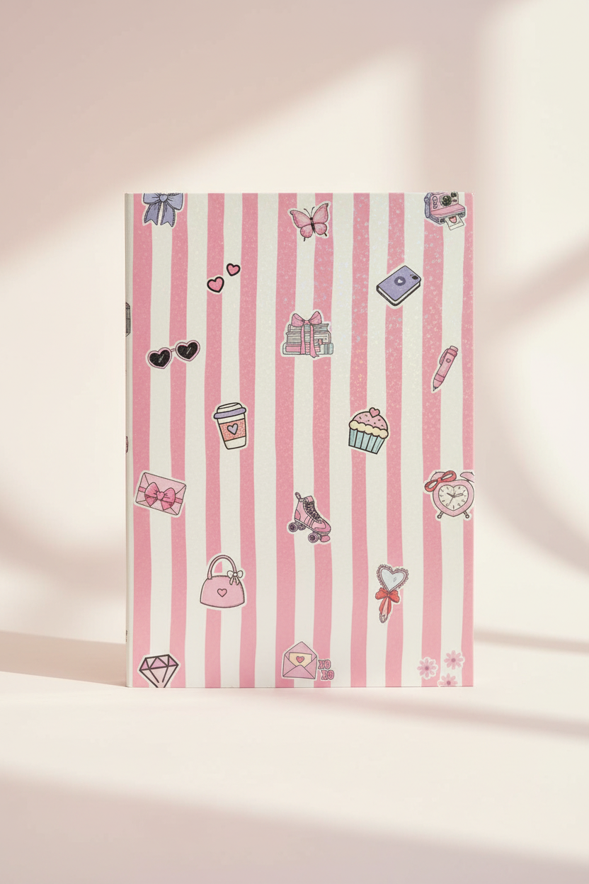 A pink and white vertically striped notebook or journal decorated with cute, small fashion and lifestyle illustrations like handbags, sunglasses, a cupcake, and a bow, set against a warm beige background with soft shadows.