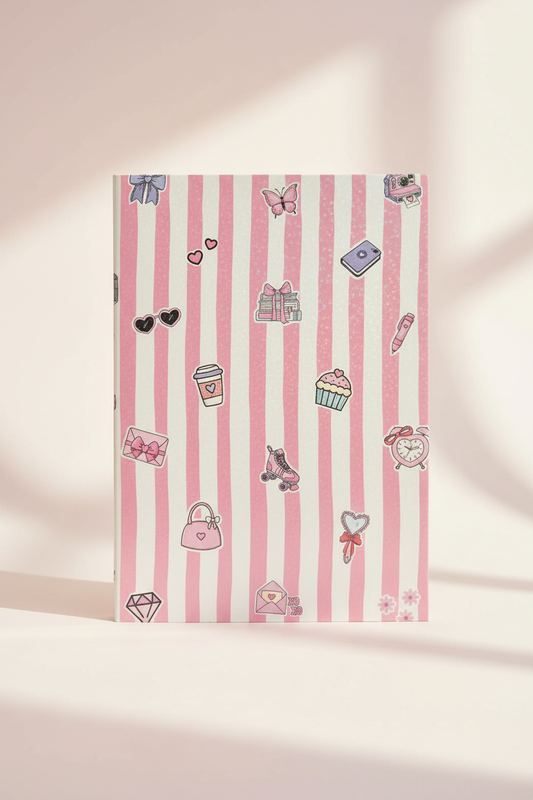 A pink and white vertically striped notebook or journal decorated with cute, small fashion and lifestyle illustrations like handbags, sunglasses, a cupcake, and a bow, set against a warm beige background with soft shadows.