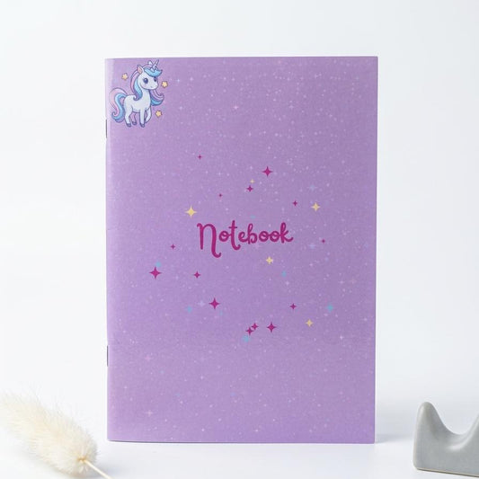 Purple notebook with a unicorn illustration and 'Notebook' text on a white background